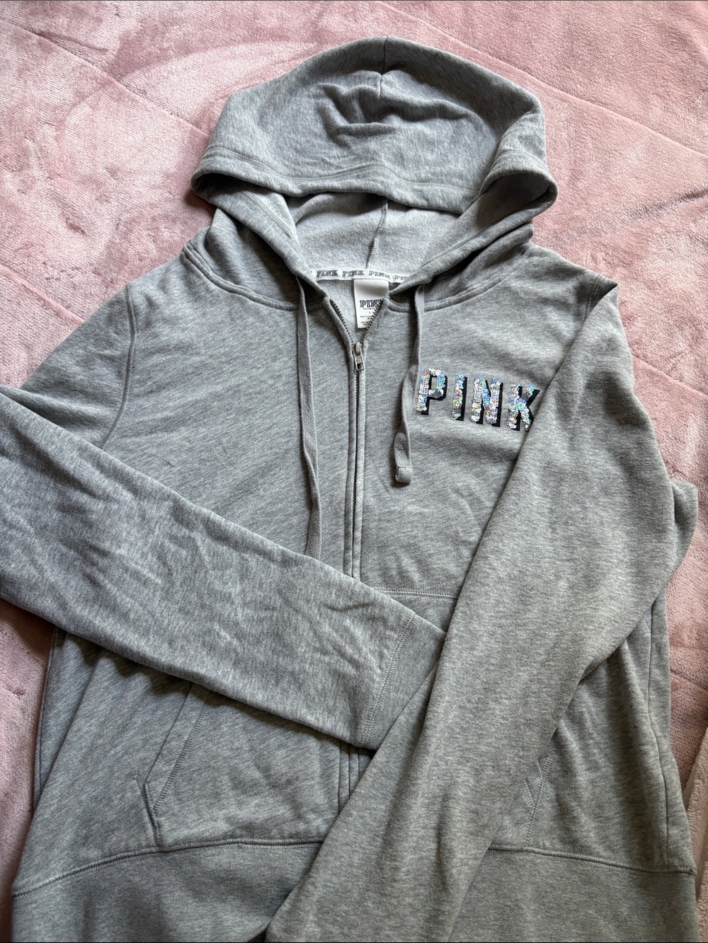 PINK Victoria's Secret Gray Zip-Up Hoodie with Embroidered Logo